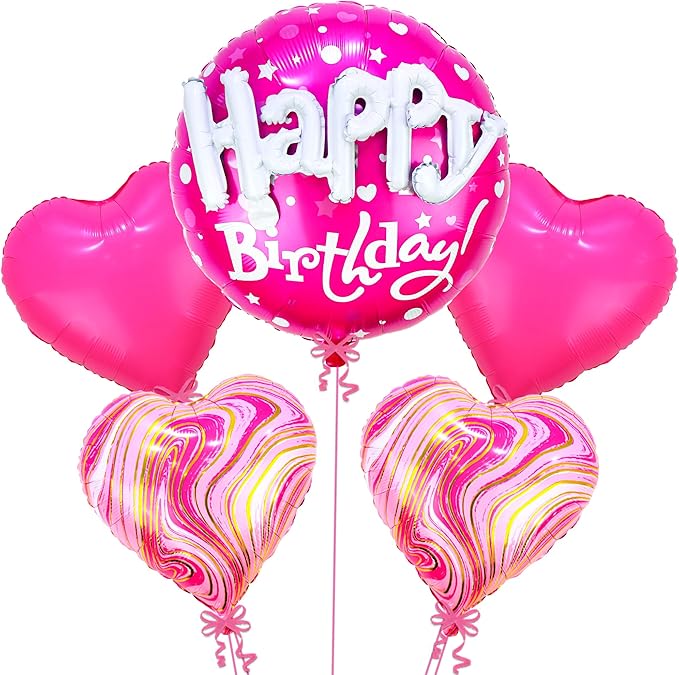 KatchOn Happy Birthday Balloon Set - 23 Inch, Pack of 5 | Pink Heart Balloons | Hot Pink Birthday Foil Balloon for Birthday Decorations